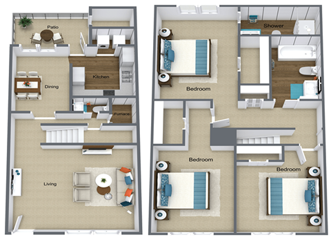 Floor plan for 3 beds, 2 baths, 1478 sqft
